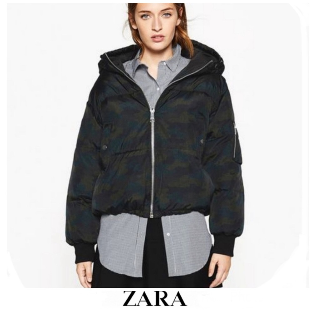 ZARA Camouflage Blue Green Quilted Long Sleeves Hooded Winter Puffer Jacket Sz M